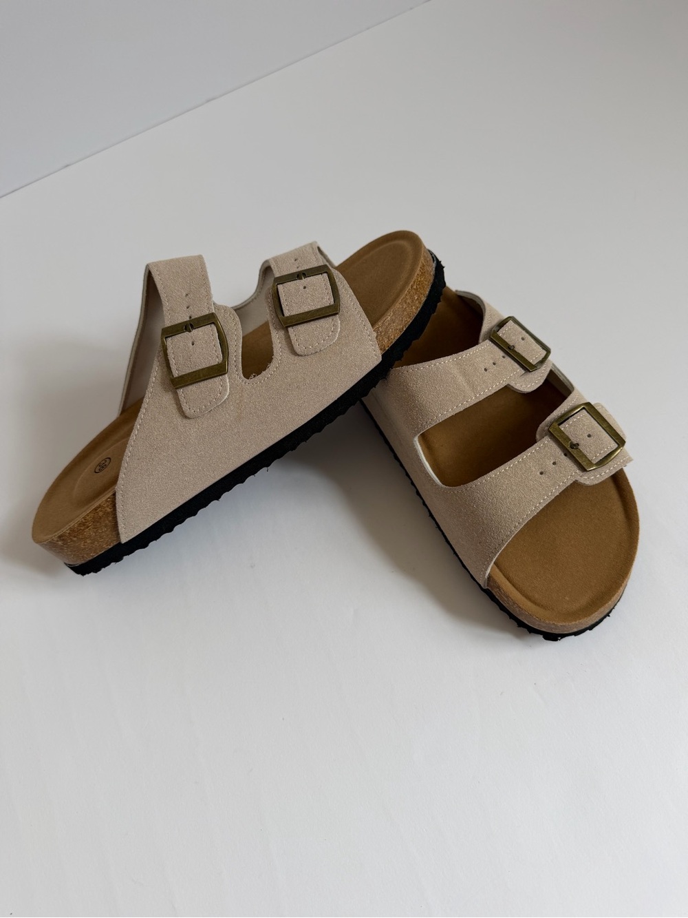 Amazon Faux Suede Double Buckle Slide Sandals Beige Size 38 (US 7.5)